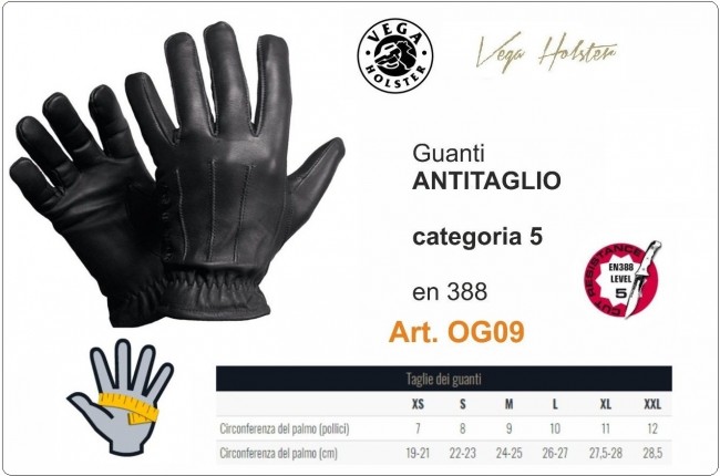 Guanti Amantiglio Vera Pelle Livello 5° EN388 Vega Holster Italia Polizia Carabinieri G. di F. Vigilanza Sicurezza Art. OG09